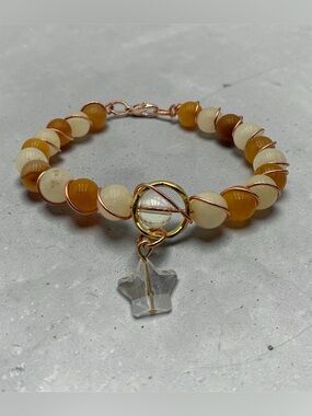 Handmade Beaded Bracelet with Crystal Star Charm, Gold Wire Wrap